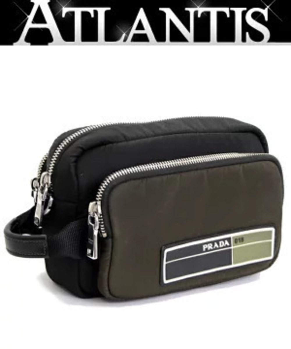 Prada Clutch Bag Multi Pocket Black Military Green